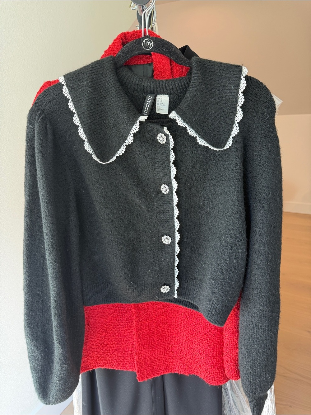H&M Black and Red Knit Cardigan with White Lace Trim